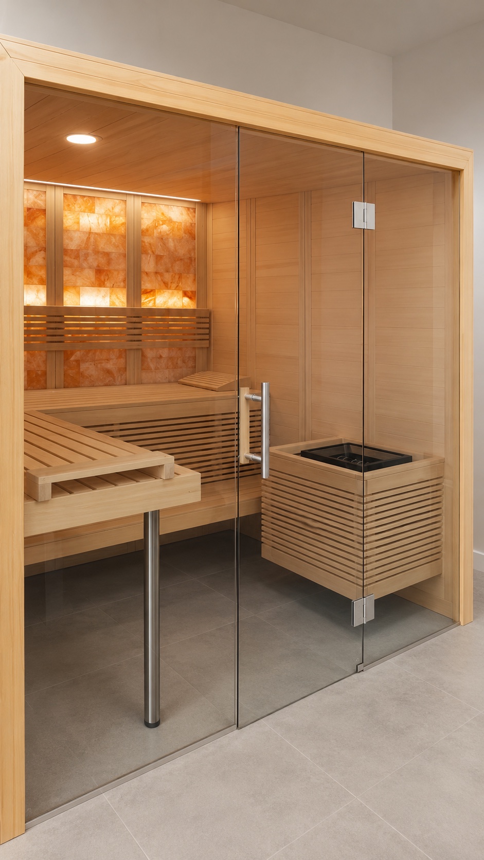 Sentiotec Himalaya Large Infra+ sauna with glass front and illuminated Himalayan salt-stone wall